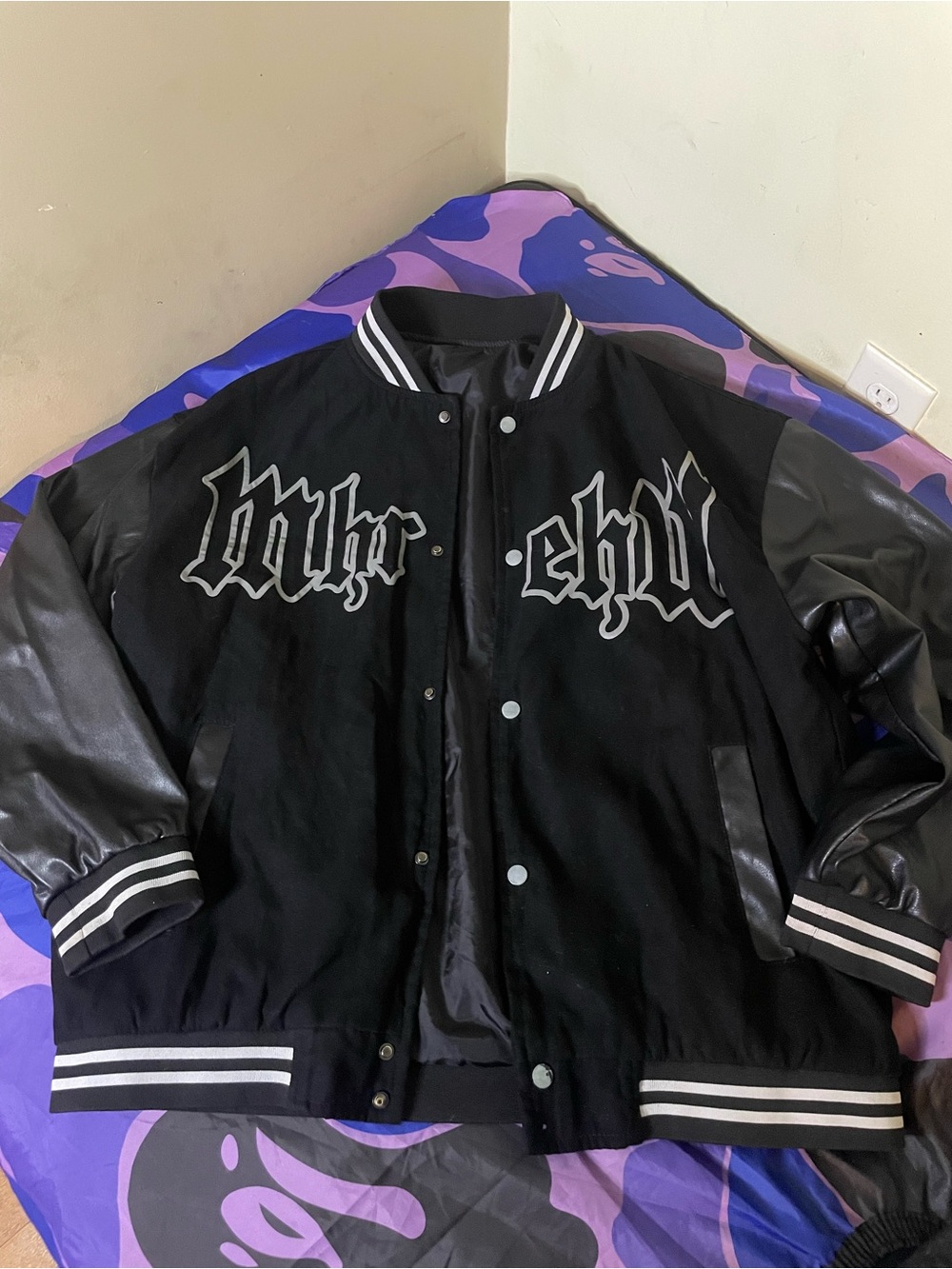 Black Varsity Bomber Jacket with Gothic Chest Script